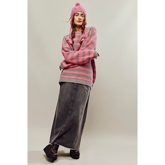 Free People Links Pullover XS Pink Gray Striped Sweater Rib Knit Oversized New - Picture 2 of 9